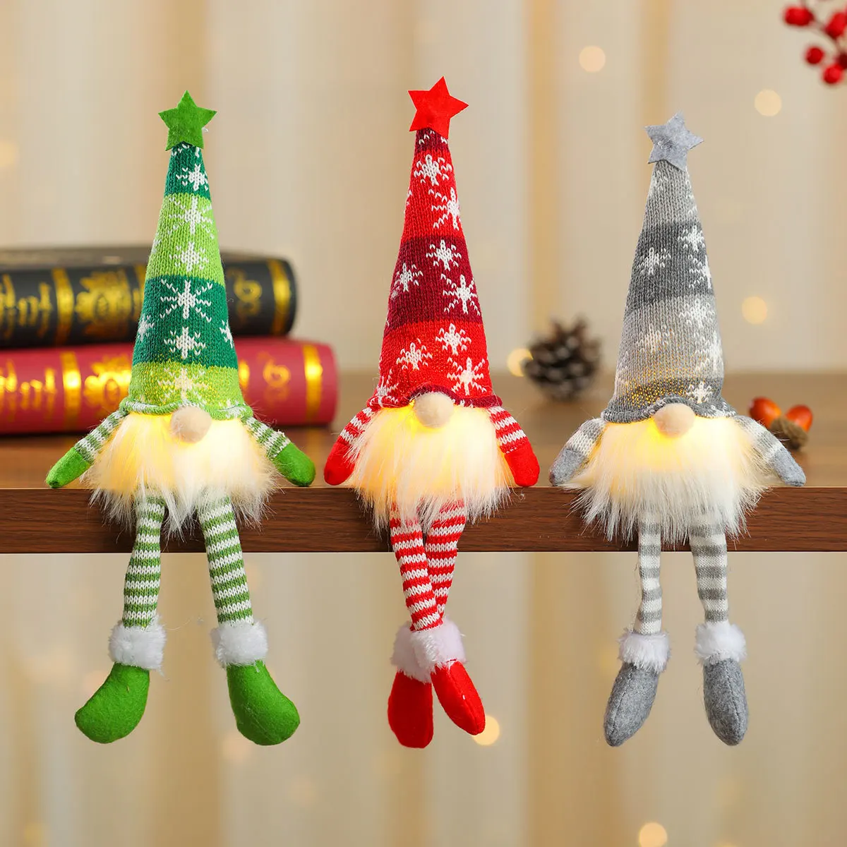 2024 Christmas Long Legs Gnome Decorations with Lights Handmade Xmas Standing Doll Ornaments Scandinavian Santa Winter Party