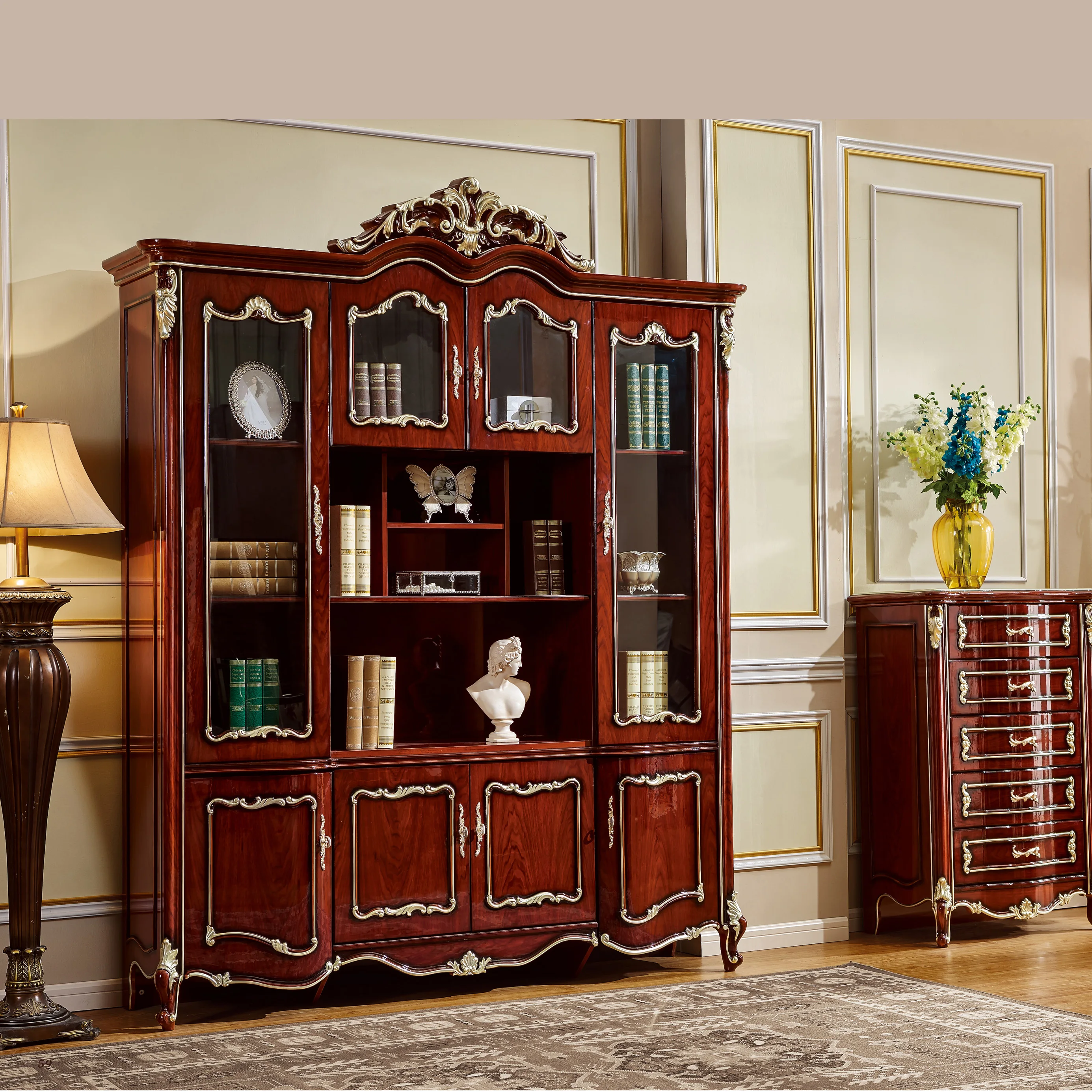Luxury style four door wooden bookcase classic royal home office bookcase