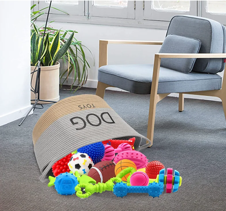Cotton Rope Round Dog Toy Box with Handles Large Dog bin Laundry Basket Blanket Storage bin- Perfect for organizing pet Toys
