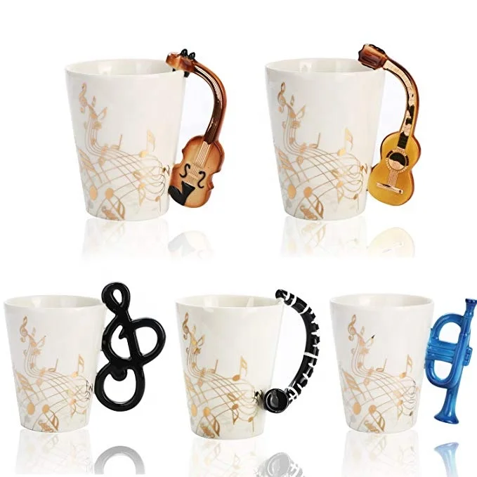 Fashion Hand-painted music note design cup guitar shape coffee mug withe musical instrument handle