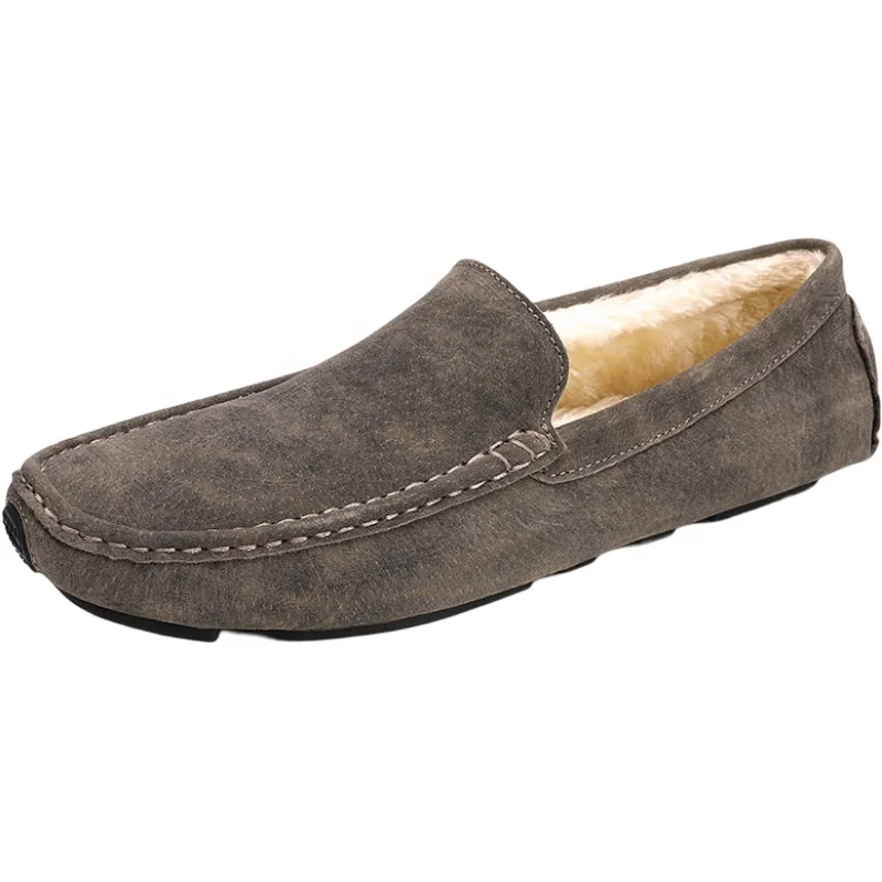 Warm Male Leather Bean Shoes Winter Soft Sole Slip-On Casual Loafers Driving Shoes For Men