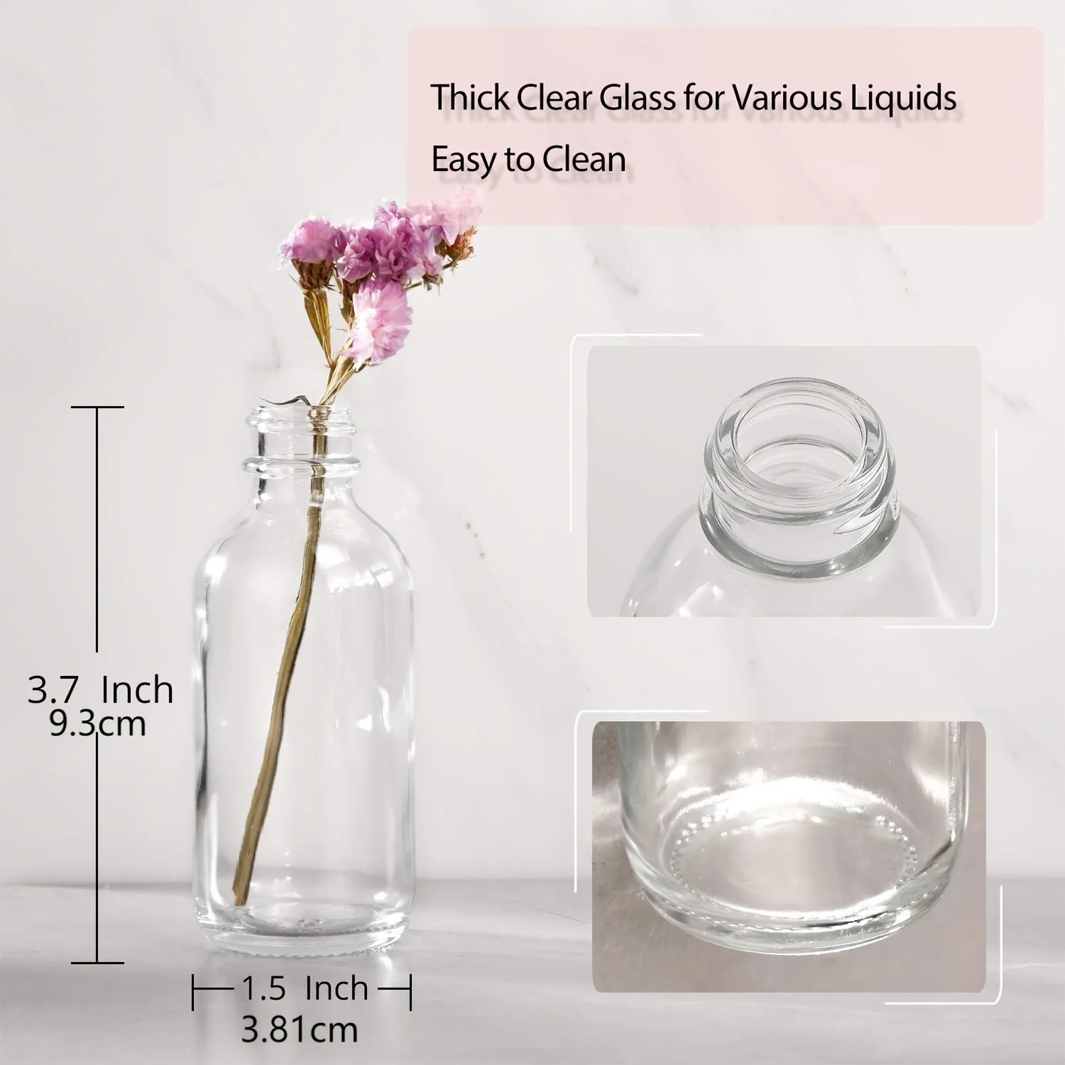 2 oz Small Clear Glass Boston Round  Bottles With Black Poly Cone Cap for Potion Juice  Ginger Shots  Oils