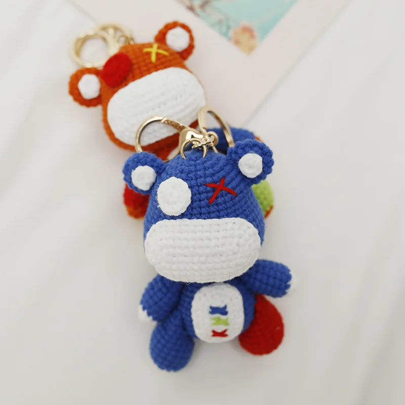 Knitted Animals Keychains Bear Stuffed Doll Car Hanging Pendant Stainless Steel Metal Anime Plush Keychains