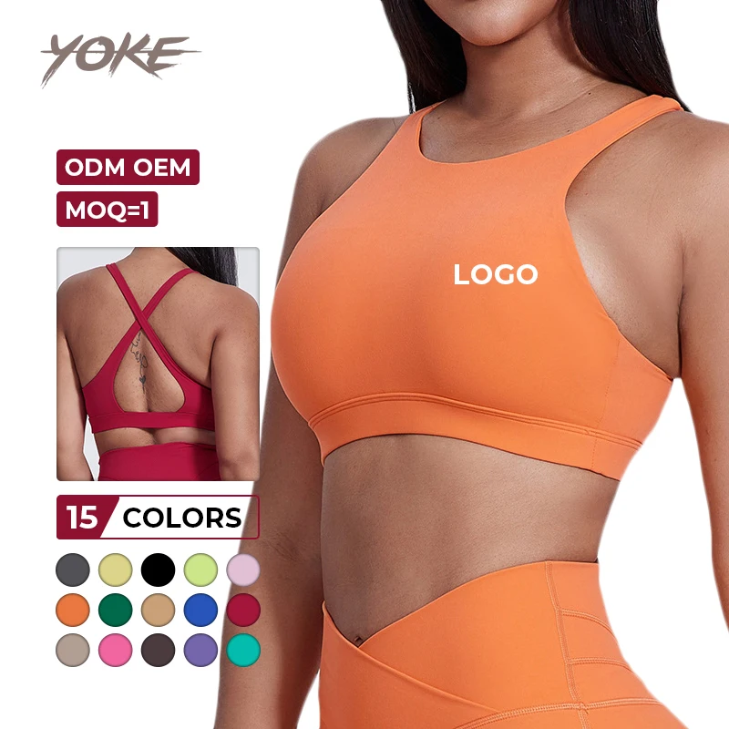 YK High Neck Cross Back Shockproof Yoga Bra Removable Pad Custom Logo Workout Wear High Impact Gym Fitness Top Sports Bra
