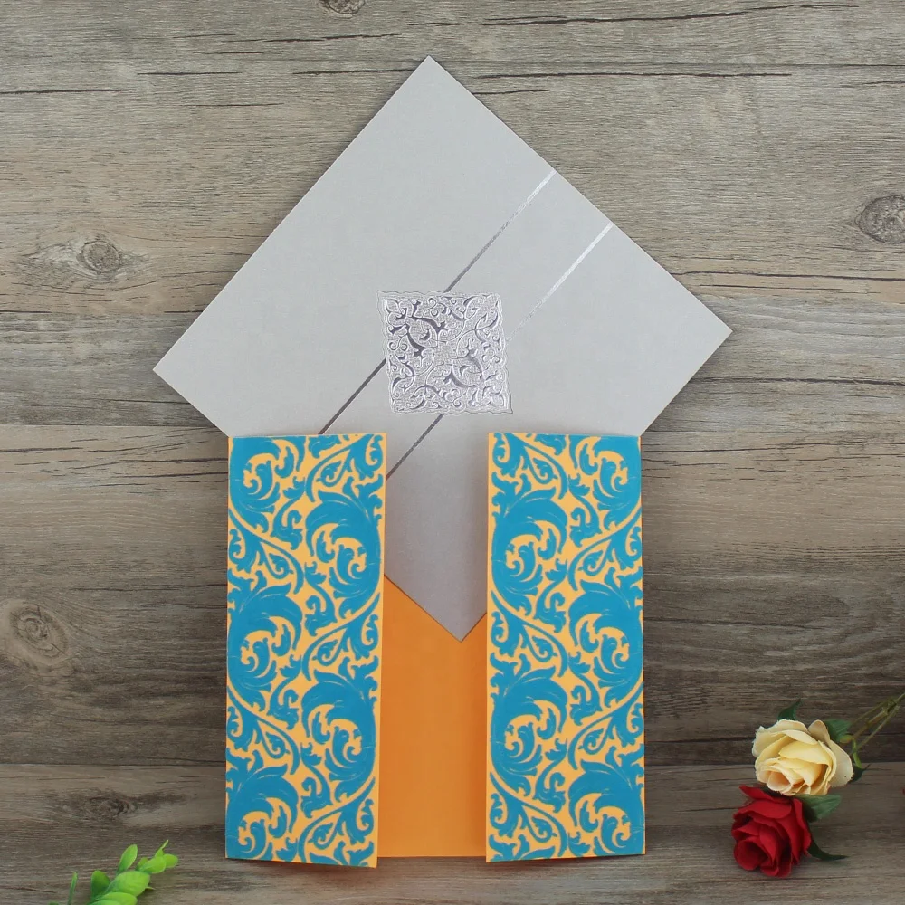 Personalized Blank Indian Style Green and Orange Luxury Invitation Card with Flocking
