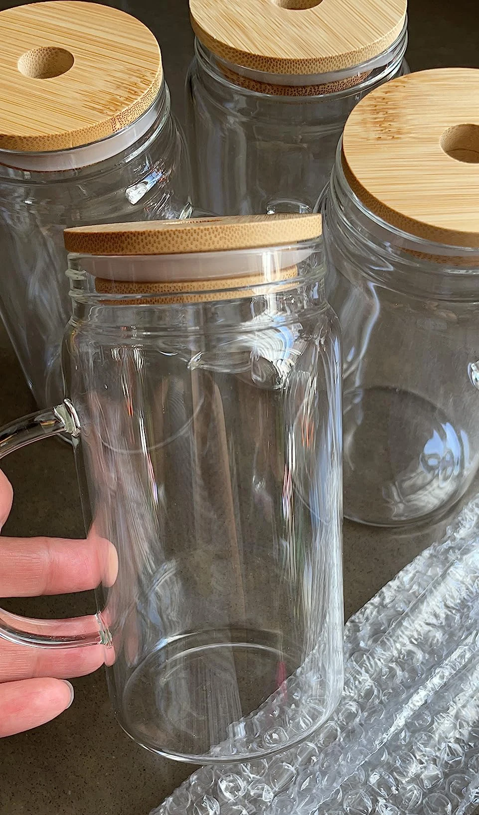 16oz Christmas Mason Jar Cups 16oz Xmas Tumbler Coffee Beer Glasses Mug Cup with Bamboo Lid and Glass Straw