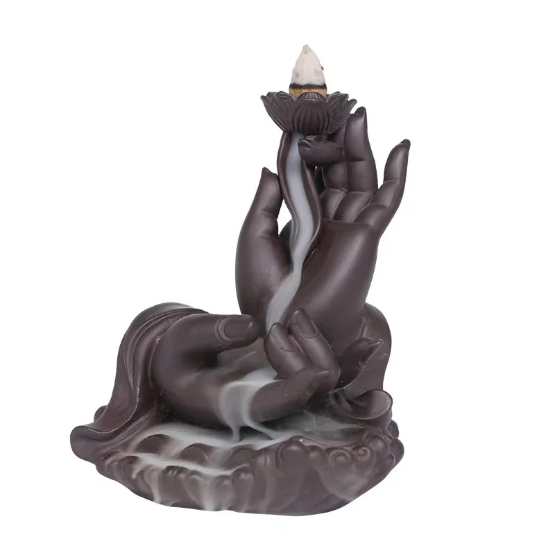 New Arrivals Purple Sand Buddha Hand Incienso Holder Flower Lotus Smoke Backflow Censer Ceramic Incense Burner