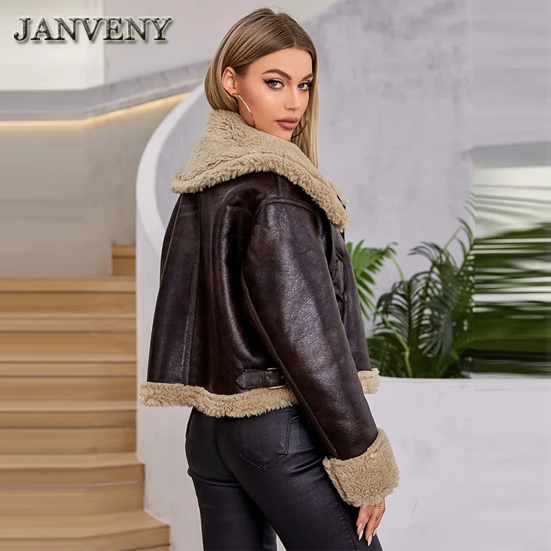 JANVENY 2024 New Winter Faux Lamb Fur Leather Jacket Women Long Sleeve Zipper Pockets Thick Warm Sheepskin Fleece Motor Coat