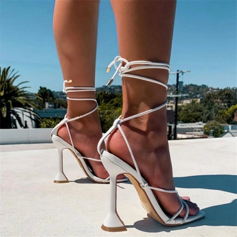 Summer Woman Shoes Sandals Basic Pu Fashion Cross-tied Spike Heels Lace-Up Party Pumps size 35- 41 Black White Apricot