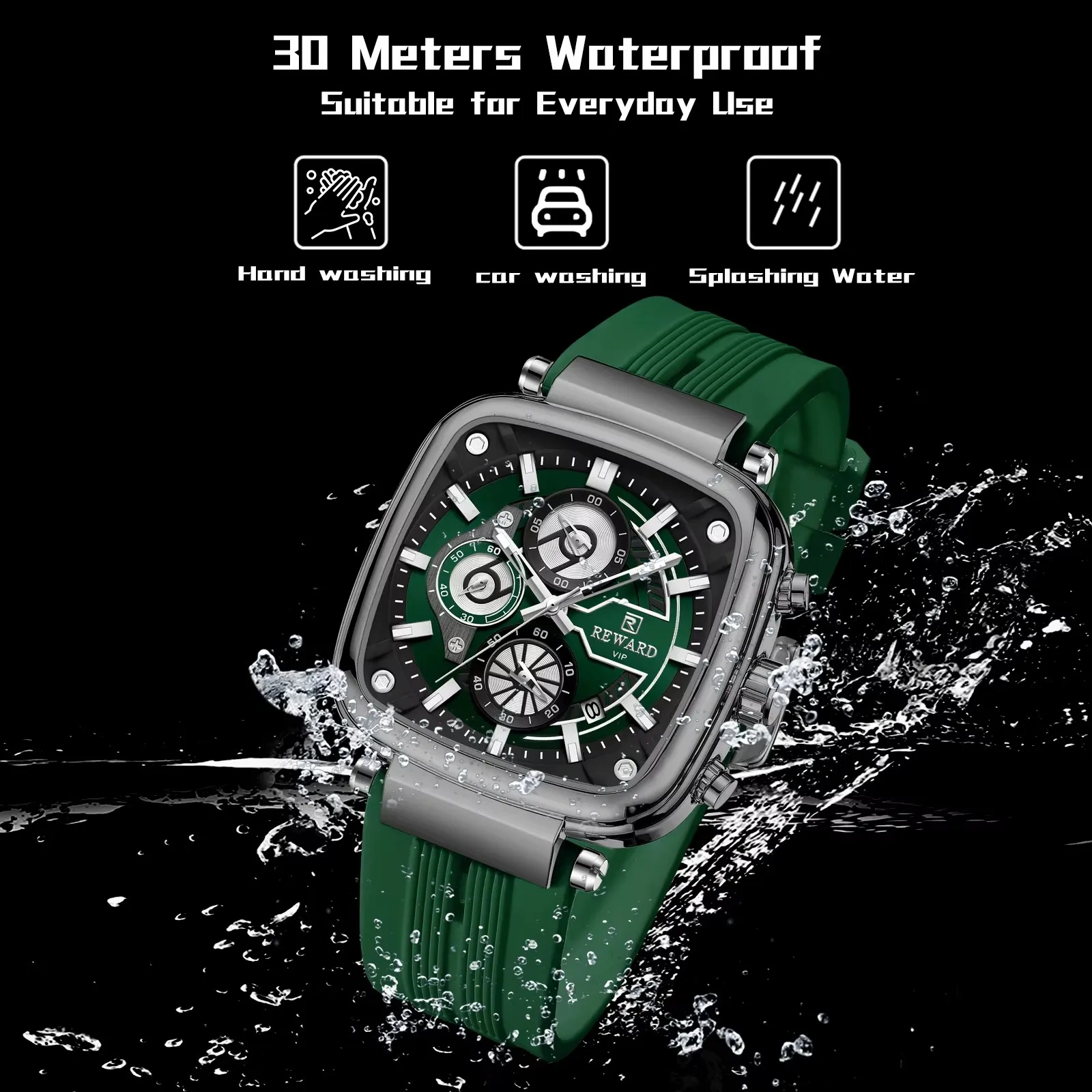 REWARD 831509 Man Soft Silicone Belt Waterproof Quartz Chronograph Fashion Square Dial Watch Men Watches Luxury Sport Male Clock