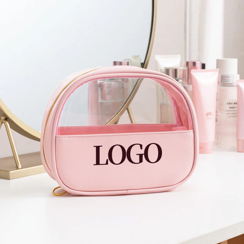 Custom logo Fashion pink Pvc Plastic Transparent clear Zipper Kids Travel Wash Toiletry Pouch Makeup Cosmetic Bag with Zipper