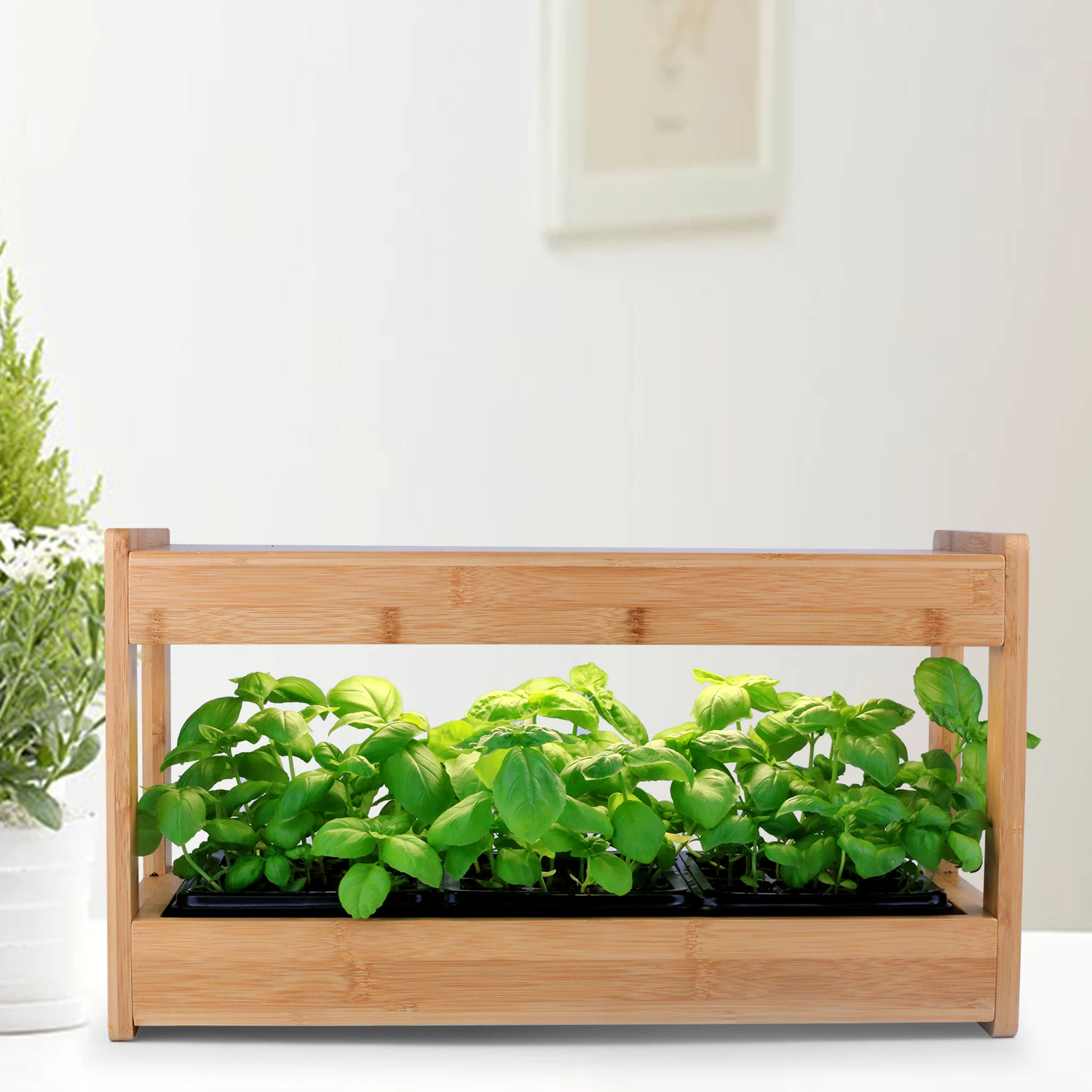 Bamboo smart flower pot garden herb potted plant flower high quality smart garden with led Smart Herb Garden Grower Kit