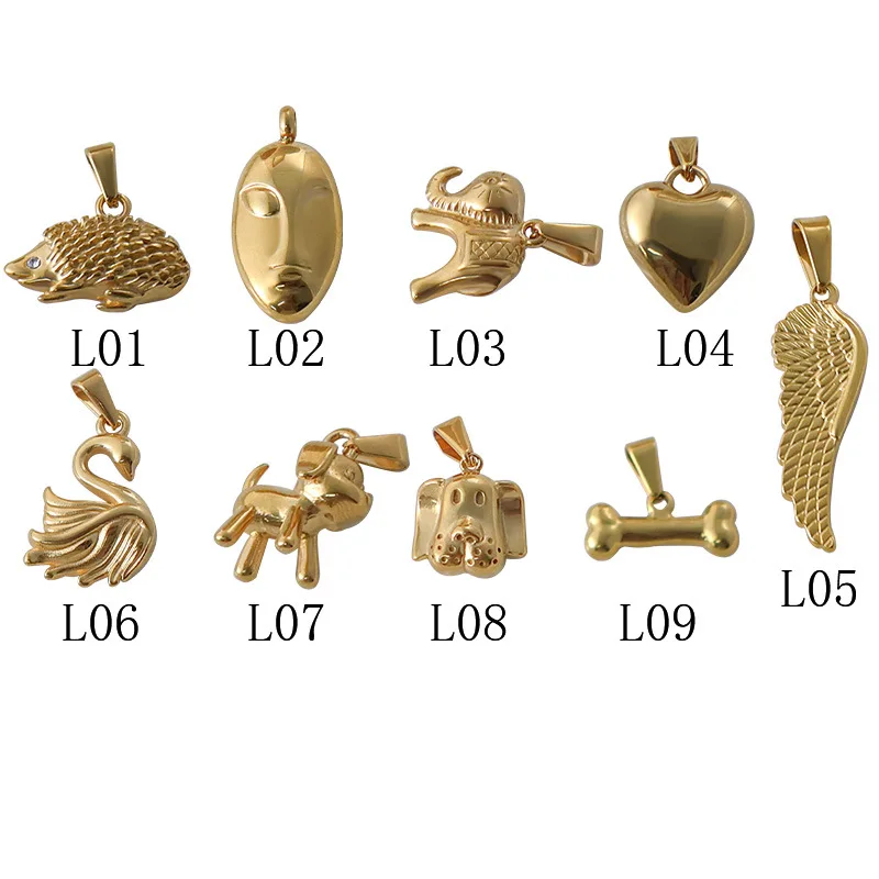 Gold Stainless Steel Cute Pendant Dog Elephant Hedgehog Love Bone Wings fashion jewelry pendants charms for jewelry making