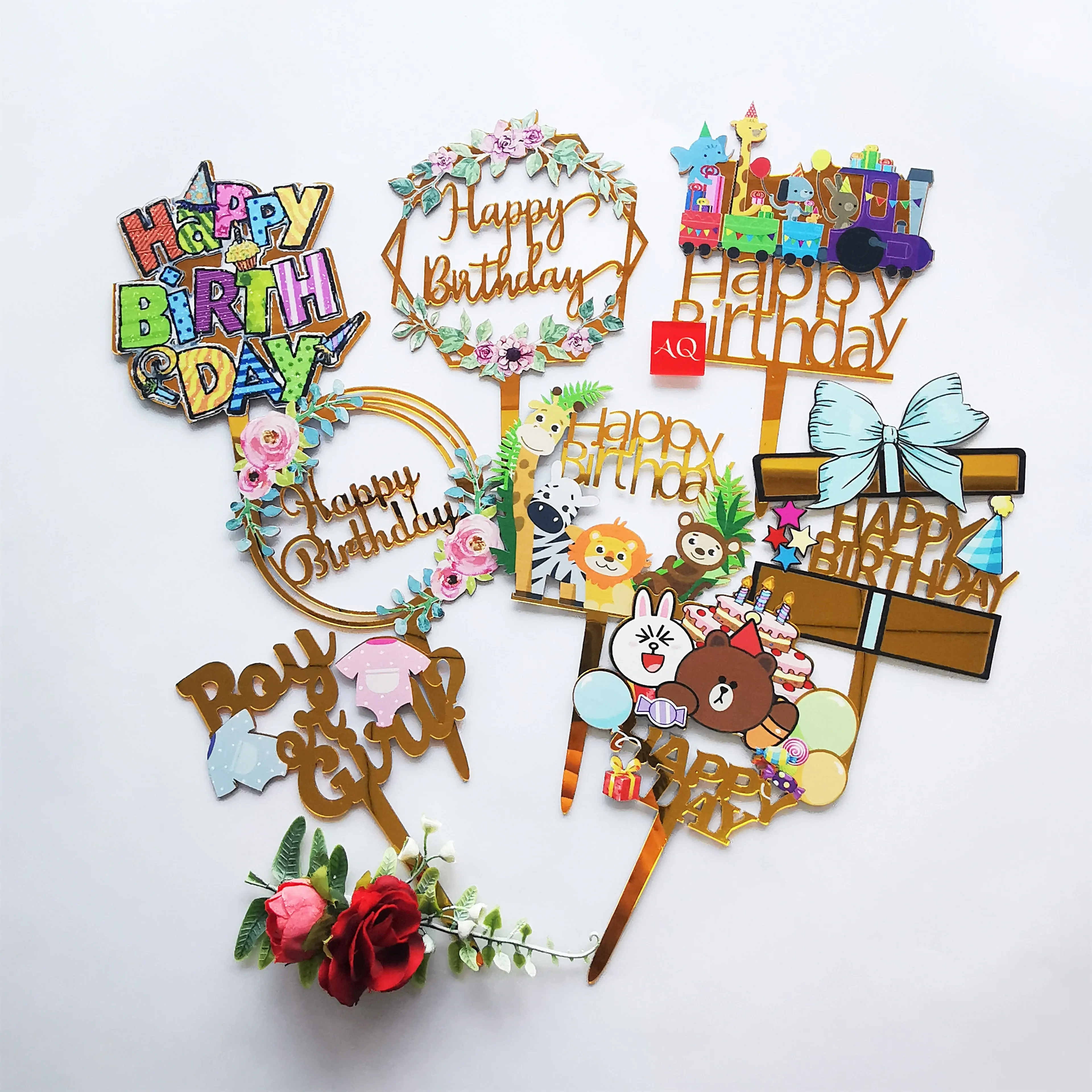 
Mini Size Beautiful Flower Acrylic Happy Birthday Cake Topper Baby Show Party decoration 