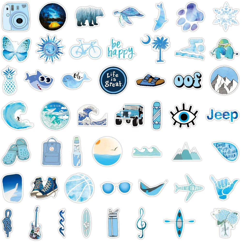 wholesale 50pcs blue marine life sticker waterproof pvc vinyl die cut suitcase mobile phones sticker cartoon ocean stickers kids