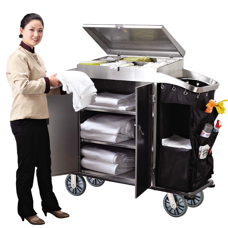 Hotel Room Cleaning Equipment Housekeeping Service Trolley Cart with 2 Bags