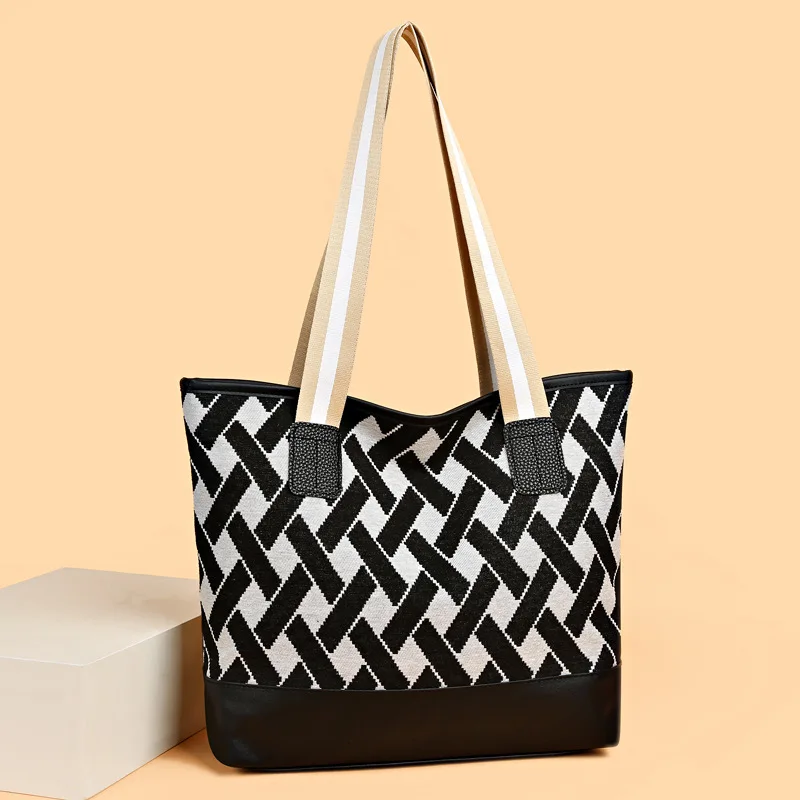 Canvas Tote Bag Simple Fashion  Leisure  Bag for Work  Lightly  Shopping Shoulder Bag A Cool Gift for Women(Black Weave)