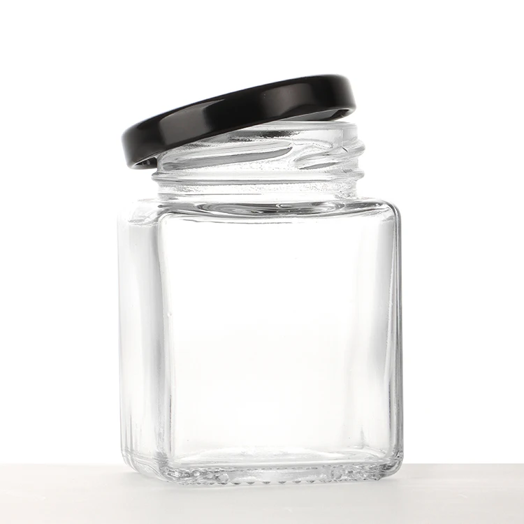 Square Honey Storage Bottles 200ml 280ml 380ml Jam Food Glass Jars For Sauce Honey Glass Jars With Deep Metal Lid