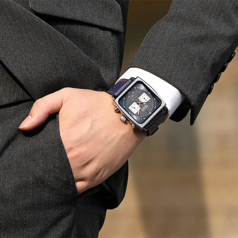 2024 Fashion Square Case 52MM Large Size Leather Stainless Steel Chronograph Quartz Watch For Men