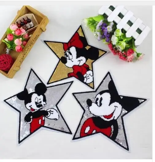 2Pieces/lot Five Star Mickey Sequined Sew on Patches for Clothes DIY Sewing Accessories Cartoon Mouse Sequins Patch