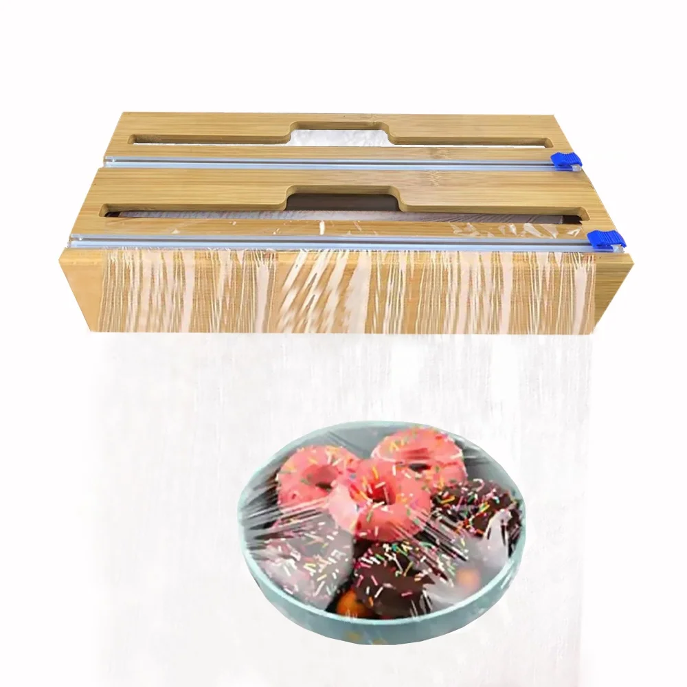 Kitchen accessories drawer wood bamboo roll organizer holder 2 in 1 foil and plastic wrap dispenser with cutter