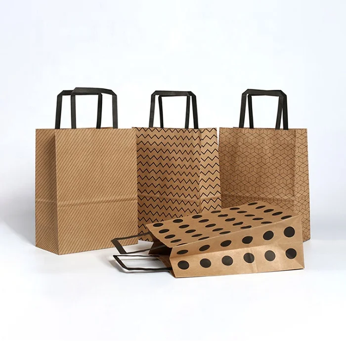 Custom Made Flat Paper Handles Brown Takeaway Fast Food Kraft Paper Bag For Restaurant Packaging