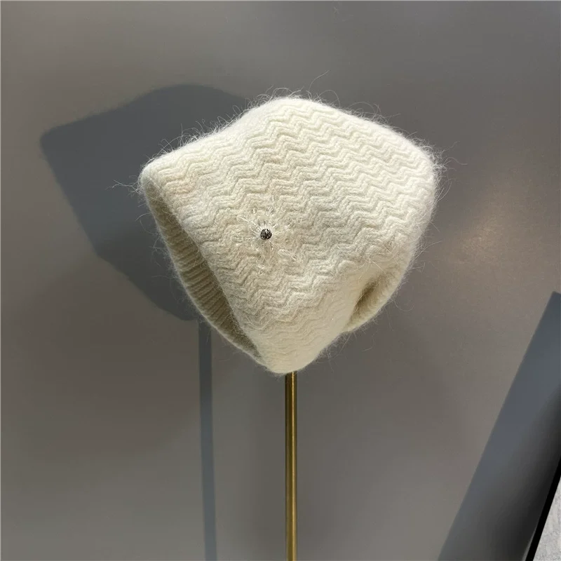 Diamond Flower Rabbit Hair Fashion Double Layer Thickened Knitted Hat Warm Wool Beanie