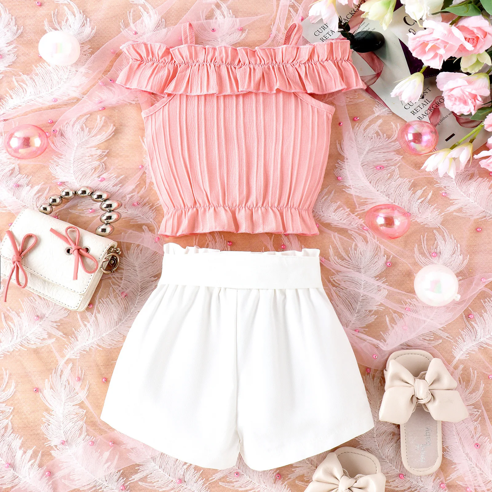 Best Price Summer Children Clothing Fashion Solid Color Sling Shoulder Strap Set