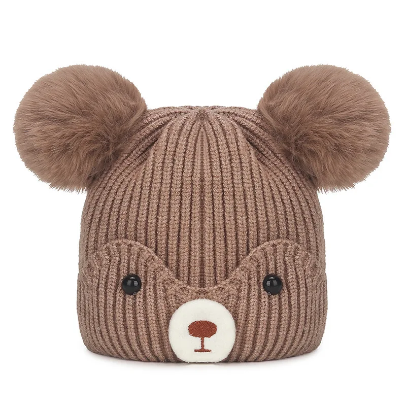 Winter Stripe Cashmere Rabbit Fur Plush Soft Thicken Wool Chunky Warm Beer Cute Pom Pom Skullies Beanie Knitted Hat For Kids