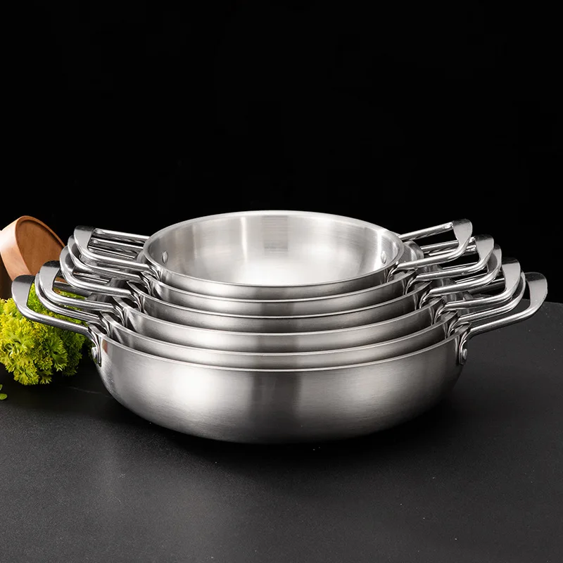 Commercial Double-Ear Fry Pan Metal Natural Color Cooking Hot Pot With Handle Kitchen Stainless Steel Dry Korean