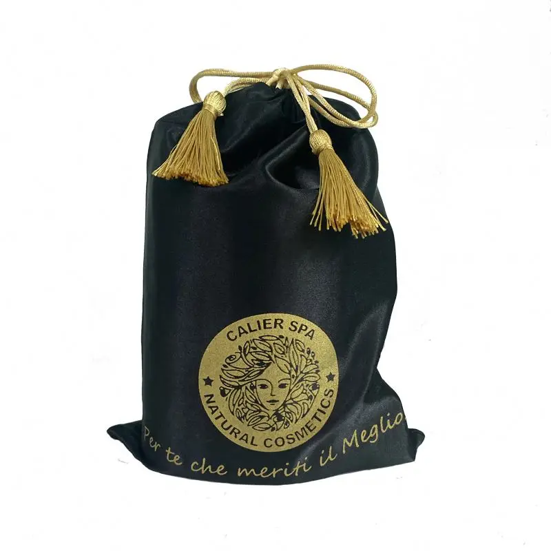 black custom logo satin bags with tassels Drawstring Bag silk printing jewelry pouch bag  for hair