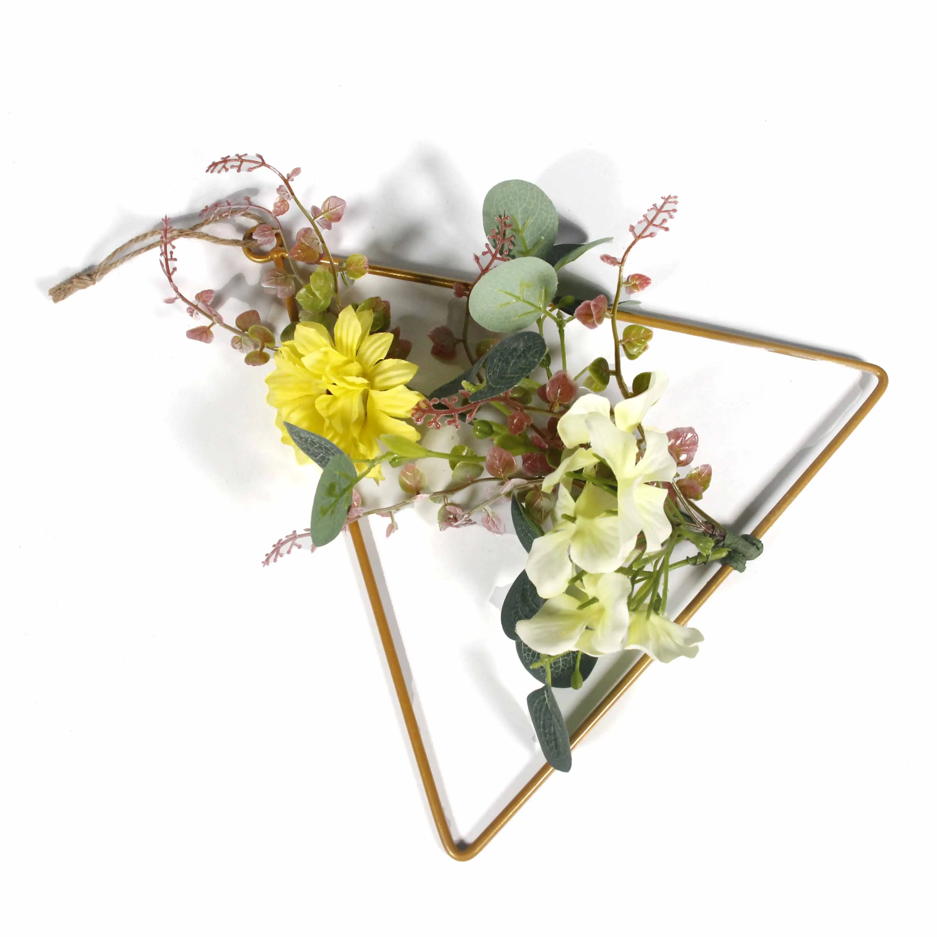 Artificial Flower Metal Geometric Round Triangle Square Frame Flower Arrangement Wreath For Wall Hanging Decoration