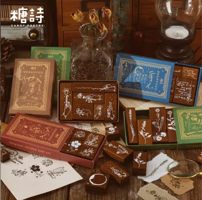 Retro Plant Wooden Rubber Stamps Set Vintage Wood Stampers DIY Crafts Handmade