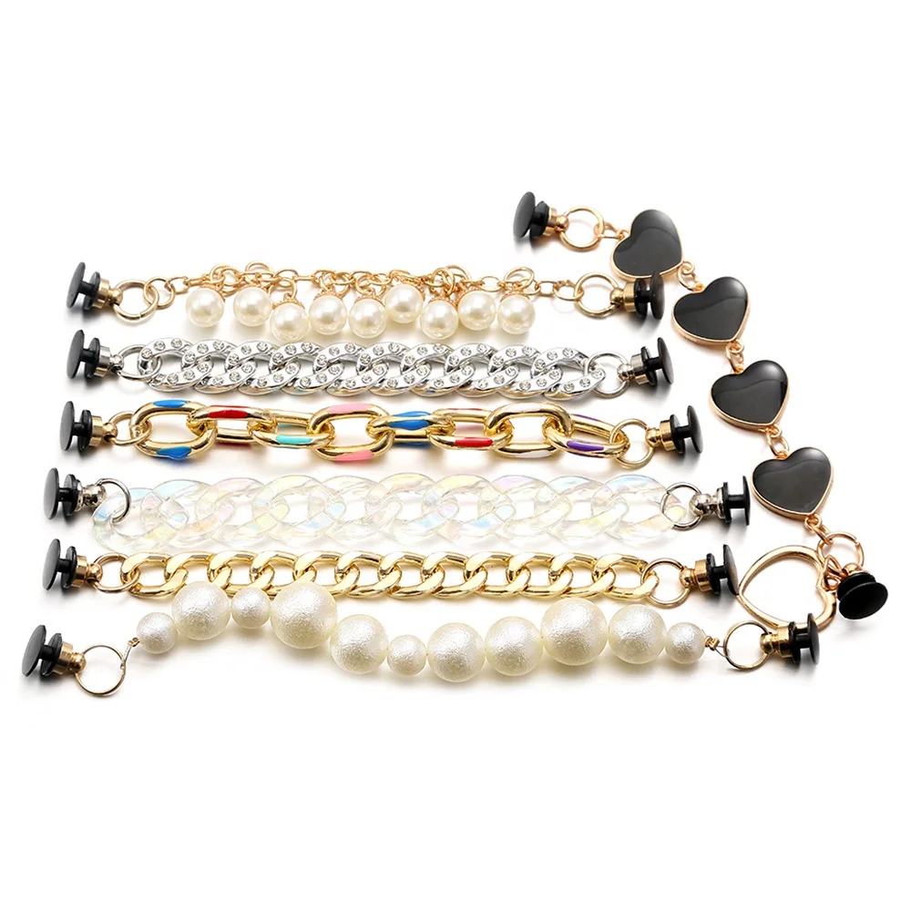 Hot sale luxury shoe chain rhinestone alloy  pearl gold sliver metal croc charms chains for crocs sandals