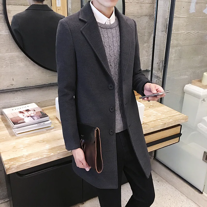 Solid Color Casual Fashion Men Long Coat Breathable Thermal Wool Coat Trench Coat