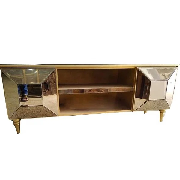 Gold painted Glass Mirrored TV Stand Home Living Room TV Cabinet Table