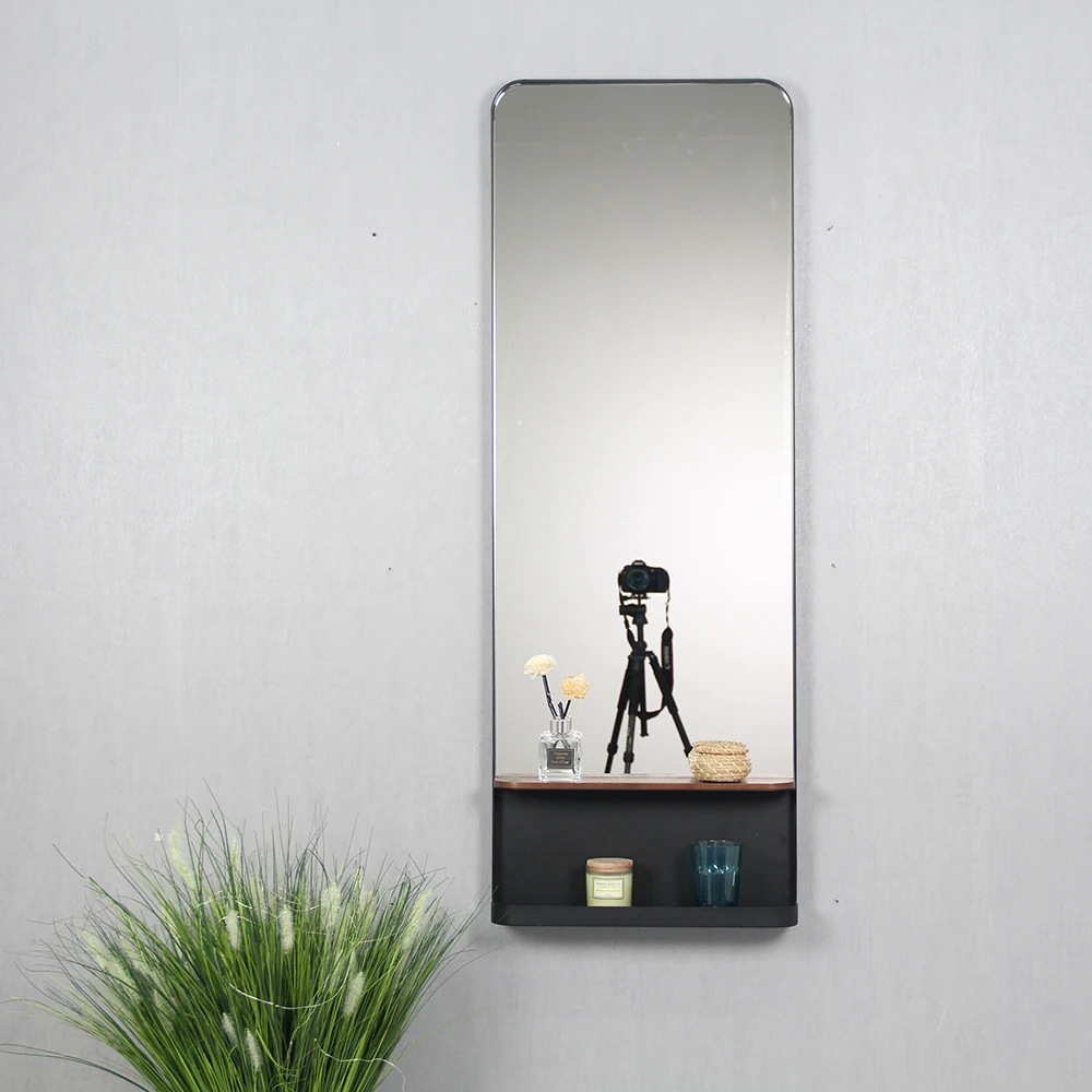 Metal Full Length Wall Mirror with Shelf Surface Wall Mounted Black Carton Box Interior Decoration Bathroom Rectangle All-season