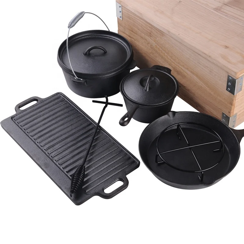 heavy duty pots and pans set cast iron non-stick 7 sets camping cookware set for outdoor cooking