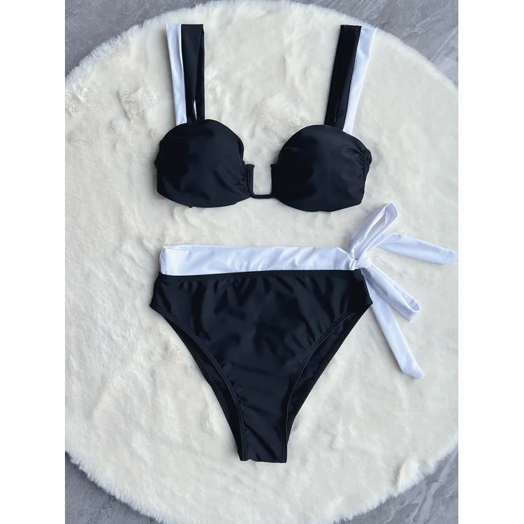 New Two Piece Bikini Black And White Splicing Swimsuit Sexy High Waist Lace Up Swimsuit For Women