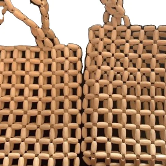 Wholesale Large Beach Hand Bag 2021 Summer Wood Bead Hand Weave Hollow Out Lady Casual Beaded Handbag