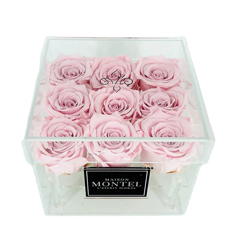 Square Acrylic Flower Box Plexiglass 9 Roses Display Gift Box