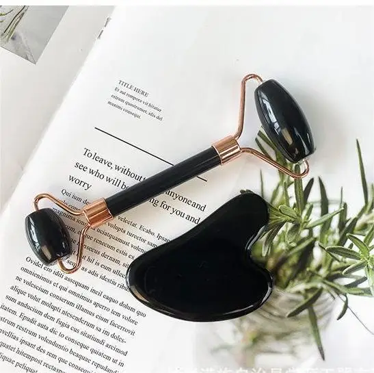 Free Custom logo jade roller Natural Black jade roller and gua sha Obsidian face facial rolelr massage tool