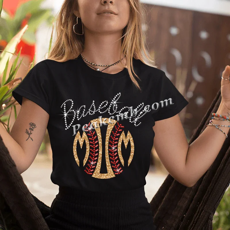 Hot Fix Sports Mom Baseball Girl with Bat and Ball Iron on Rhinestone Transfer Bling