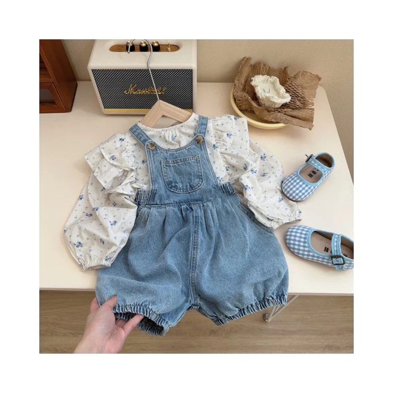 Floral Jumpsuit Jean 2pcs Fall Kids Girl Tops For Girl Blouse Casual Baby Clothes Set