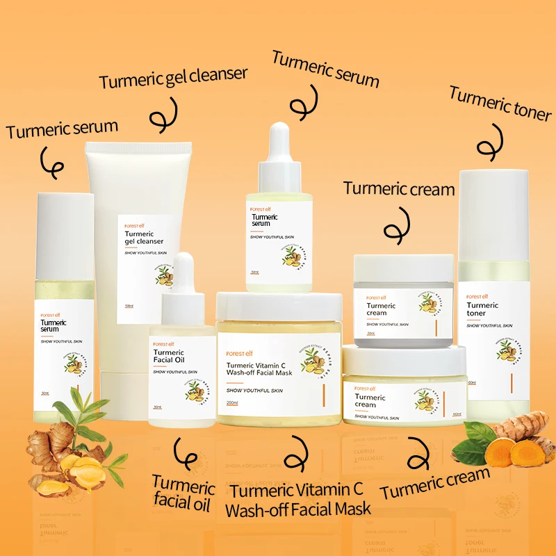 Turmeric Skincare Set Private Label Anti Acne Dark Spot Whitening Soap Serum Scrub Cream Facial Wash Face Skin Care Set (new)