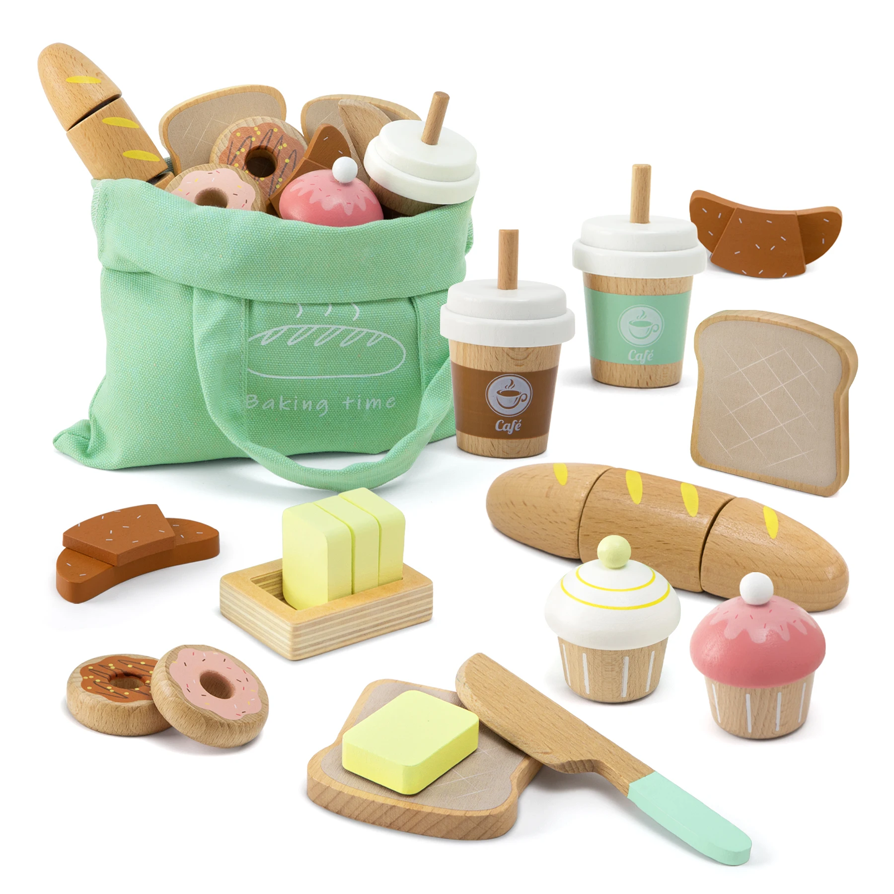 Kids Wooden Simulation Bread Girl Play House Dessert Baking Set Kitchen Toys Bread Set Wooden Toy
