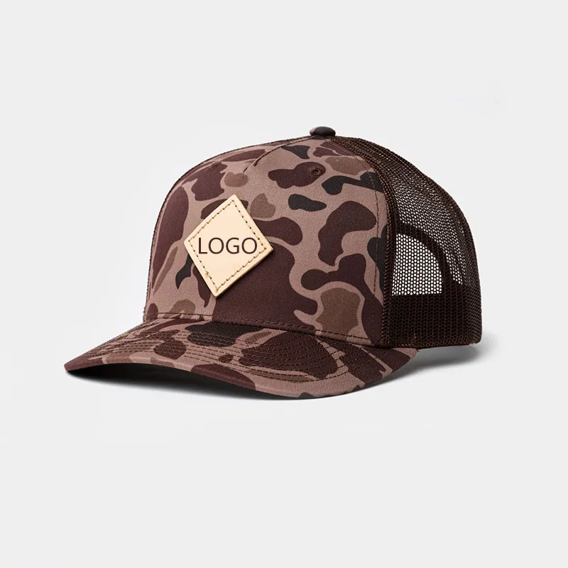 Fashion camo Soft Mesh 5 Panel Trucker Hats custom diamond Leather patches Curved Brim Trucker cap hat