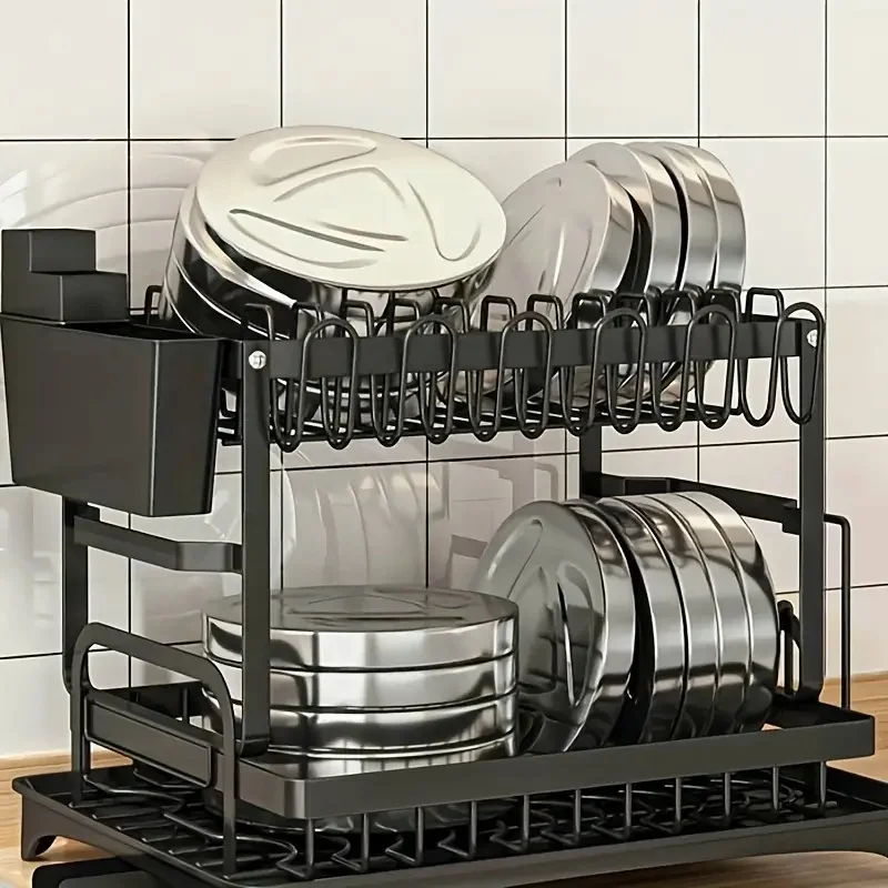 Dish Drying Rack 2 Tier Plate Drainer Cutlery Holder Kitchen Organizer Storage Shelf For Utensil Chopping Board Cup