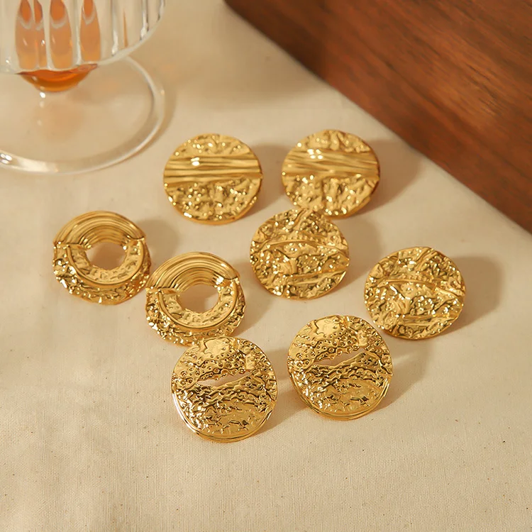 New Styles Round Corrosion Stud Earrings 18K PVD Gold Plated Vintage Wrinkle Stainless Steel Earrings Wholesale