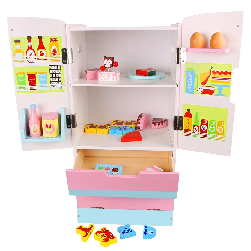 Hot Selling Children Pretend Role Play Kids Wooden Toys Play Set Kitchen Toy Double Door Refrigerator Big For Girls